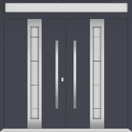 Vdomdoors Metal Double Doors Deux 0757 Gray Graphite Frosted Glass Top Transom Entry Modern Painted (W72xH96+ DEUX0757DEXD-GRE-W72xH96+16-RH-I