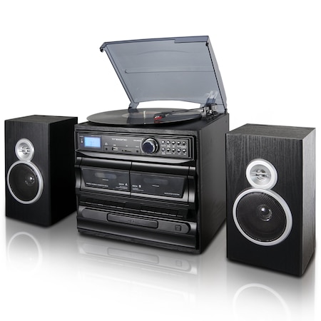 Trexonic 3-Speed Turntable Stereo System with CD, Dual Cassette Player, and Wired Shelf Speakers TRX-811BS