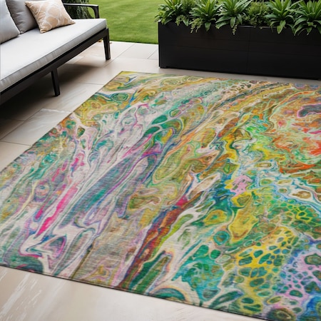 Homeroots 5' X 8' Green Gold And White Abstract Washable Indoor Outdoor Area Rug 577939
