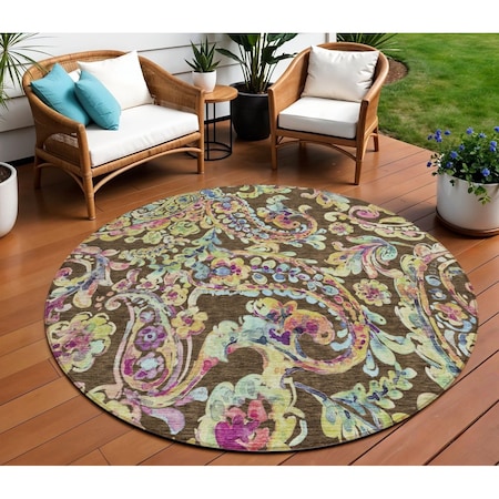 Homeroots 8' Chocolate And Artichoke Green Round Paisley Washable Indoor Outdoor Area Rug 588602
