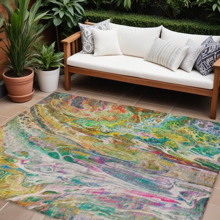 Homeroots 8' X 10' Green Gold And White Abstract Washable Indoor Outdoor Area Rug 577941