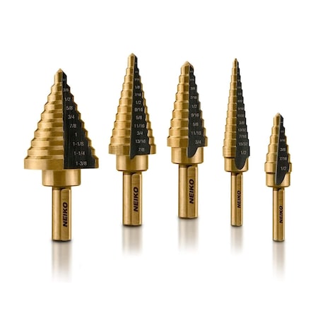 Neiko Step Drill Bit Set, 5 Pcs, for Metal, 50 SAE Sizes, 1/8'' - 1-3/8'', Two Flute Step Down Bits 10197A
