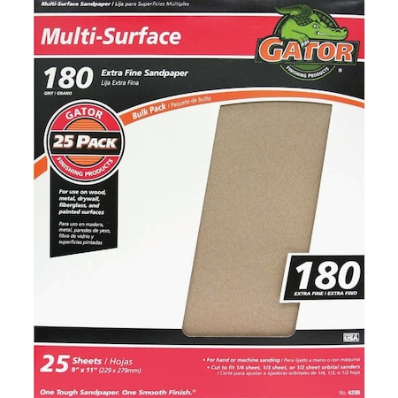 Gator Blade Multi-Surface 9''x11'' 180 Grit Extra Fine Sandpaper, 25PK 4206