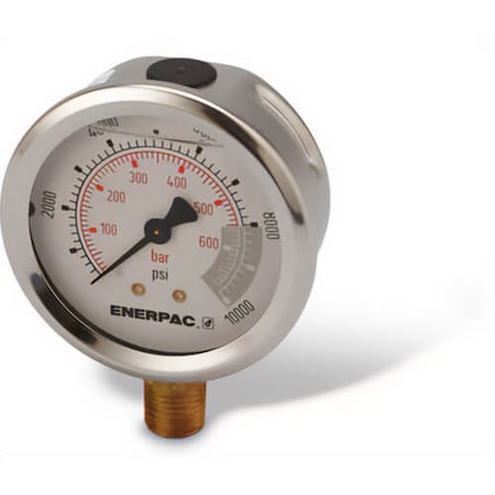 Enerpac 0 to 10,000 psi psi, 2-1/2 in Dial, 1/4 in NPTF, Lower Location, stainless steel Case Material G2535L