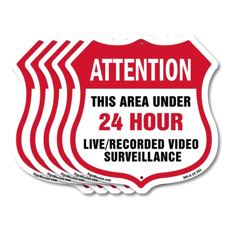 Signmission 24 Hour Surveillance Shield Sign Attenti, 12 inch X 12 inch, Aluminum Metal Sign, 5PK SHI-A-5Pack-12-351