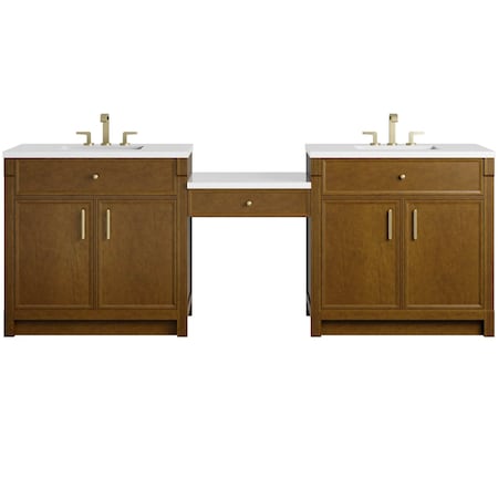 James Martin Vanities Bellshire 96" Dual Vanity Set with 24" Make-Up Counter, Honey Oak w/3 cm White Zeus Silestone Top 660-VMC96-HNO-3WZ