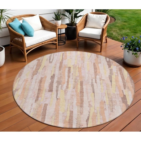 Homeroots 8' Pink And Beige Round Striped Washable Indoor Outdoor Area Rug 609050
