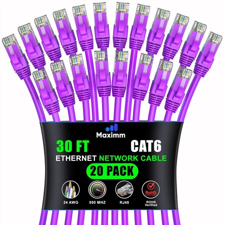 Maximm Cat6 Ethernet Cable 30ft 10Gbps 550MHz UTP, 20PK, Purple, 20PK CAT6CCA-30PU20PK