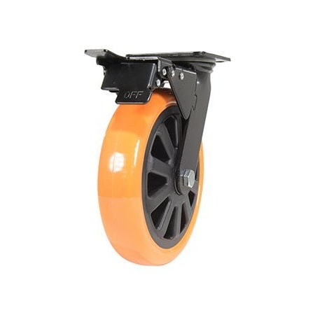 Vestil Polyurethane Swivel With Total Brake Caster 8 In. Diameter x 2 In. Width 902 lb Orange/Black CST-BN-8X2PUP-SWTB