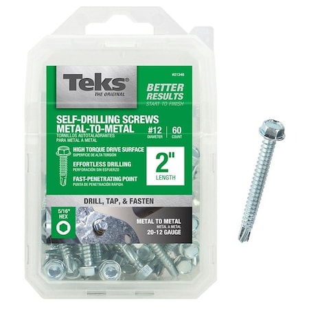 Teks Self-Drilling Screw, #12 x 2 in, Zinc Plated Steel Flange Hex Head External Hex Drive 21348