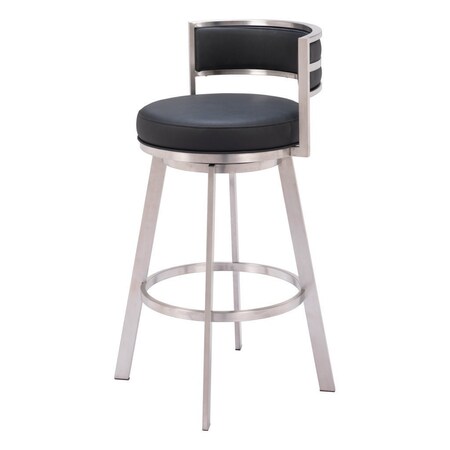 Homeroots 31" Black And Silver Faux Leather And Stainless Steel Low Back Bar Height Swivel Bar Chair 555769