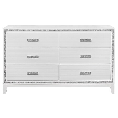 Homeroots 63" White And Silver Faux Crystal Bling Wood Six Drawer Double Dresser 564673