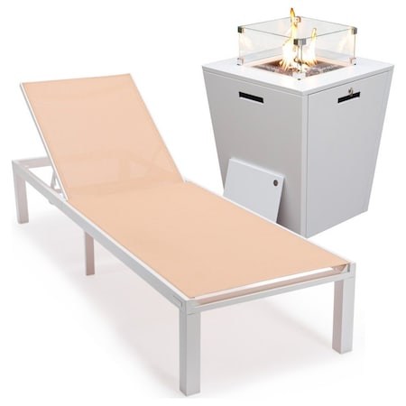 Leisuremod Marlin White Aluminum Patio Chaise Lounge Chair with Square Fire Pit Table, Light Brown MLWCF21-77LBR