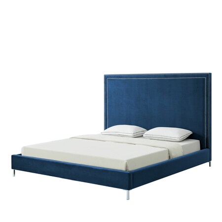 Homeroots Navy Blue Solid Wood Queen Upholstered Velvet Bed with Nailhead Trim 544792