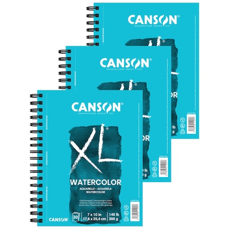 Canson XL Series Watercolor Pad, Heavyweight White Paper, Side Wire Binding, 30 Sheet, 7x10 inch, 3PK C400077425-06