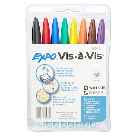 Expo Vis-Ã -Vis Wet Erase Marker, Fine Bullet Tip, Assorted Colors, PK8 16078
