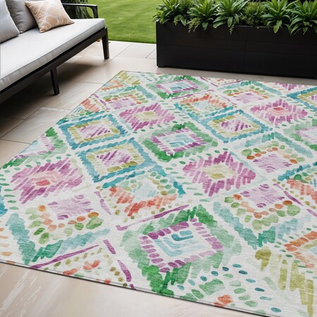 Homeroots 5' X 8' Teal Blue Green And Purple Geometric Washable Indoor Outdoor Area Rug 603485