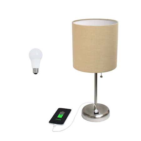 Homeroots 20" Silver Metal USB Table Lamp LED With Tan Drum Shade 642929