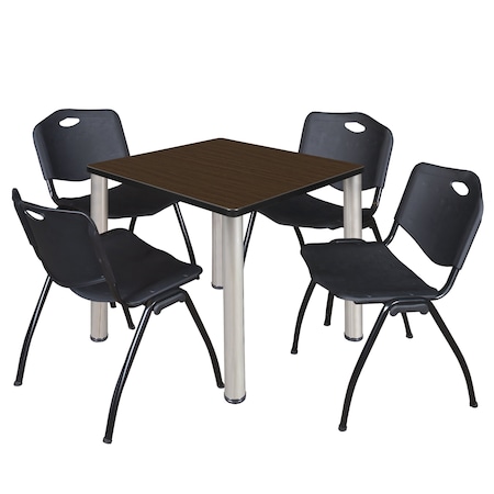 Regency Square Kee Breakroom Table W/ 4 M Stack Chairs, 30 in W, 30 in L, Neo Walnut TB3030NWBPCM47BK