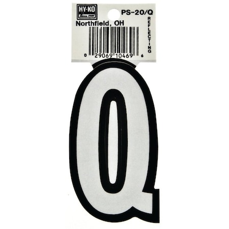 Hy-Ko Reflective Letter, Character: Q, 3-1/4 in H Character, Black/White Character, Vinyl PS-20/Q
