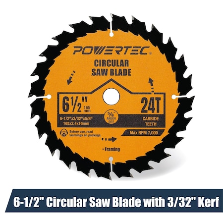 Powertec 6-1/2" Circular Saw Blade, 5/8" Arbor, 3/32" Kerf, 24T Carbide-Tipped Blade for Wood Cutting 14024