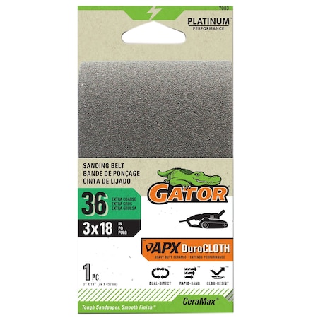 Gator Finishing CeraMax Platinum 3 x 18 in. Sanding Belt, 36 Grit, Extra Coarse 7083