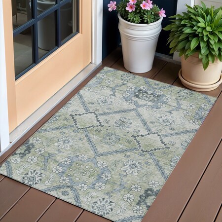 Homeroots 3' X 5' Artichoke Green Denim Blue And Silver Floral Washable Indoor Outdoor Area Rug 588852