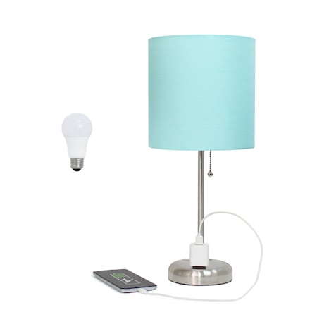 Homeroots 20" Silver Metal Table Lamp LED With Aqua Drum Shade 642895
