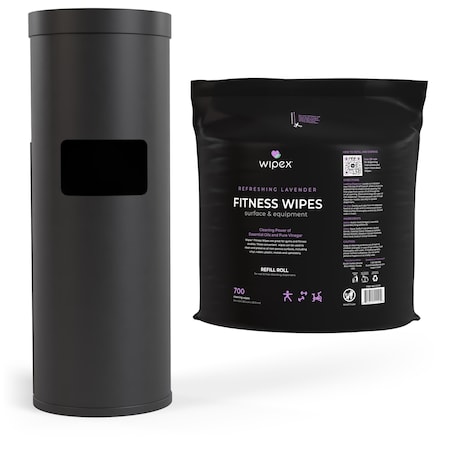 Wipex Natural Fitness Wipes 700ct Bundle, 1 Roll + Black Floor Dispenser w/ Trash Can, Fresh Lavender WX72210BFD1FN