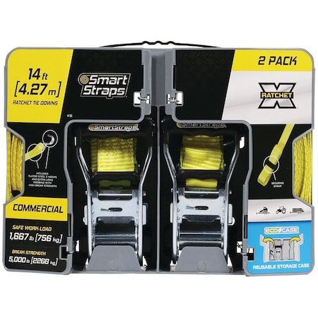 Smartstrap TieDown, 112 in W, 14 ft L, Polyester, Yellow, 1667 lb, Hook End Fitting, Steel End Fitting 159