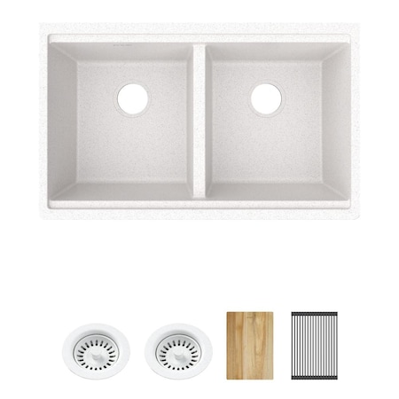 Elkay Quartz Classic 33" x 22" x 9-1/2" Equal Double Bowl Undermount Workstation Sink 4pc Kit White ELGU3322WOWH0