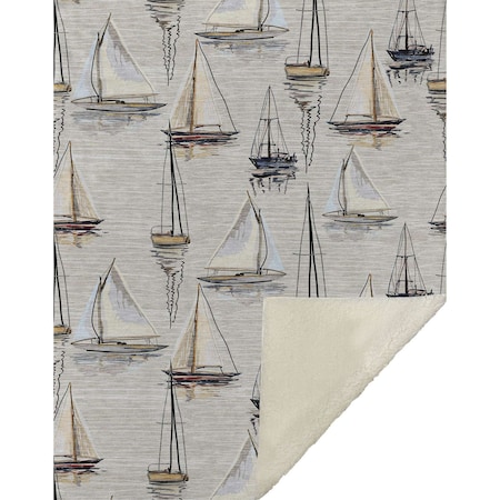 Homeroots 50" X 70" Beige Charcoal And Ivory Sailboat Microfiber Plush Throw Blanket 712538