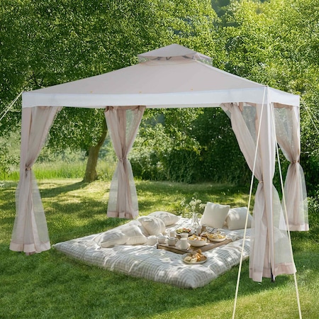 Sunjoy 10 ft x 10 ft Patio Gazebo, Modern Steel Frame Soft Top Gazebo with Netting - Beige & White A101003603