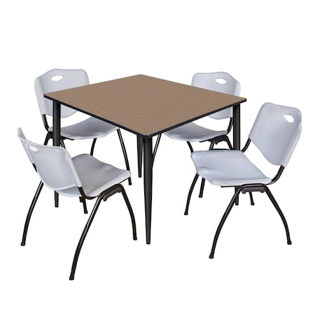 Regency Square Kahlo Breakroom Table W/ 4 M Stack Chairs, 48 in W, 48 in L, Noble Oak TPL4848NOBK47GY