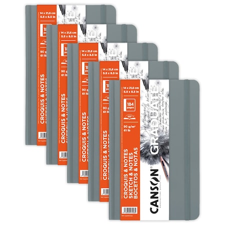 Canson Graduate Sketch & Notes Art Book, Light Gray, Hard Cover Binding, 92 Sheet, 5.5x8.5 inch, 5PK C31200L044