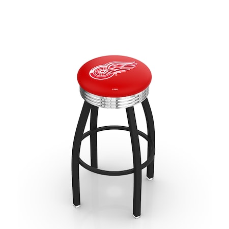 Holland Bar Stool Co 25" Blk Wrinkle Detroit Red Wings Swivel Bar Stool, Chrome Ring L8B3C25DetRed
