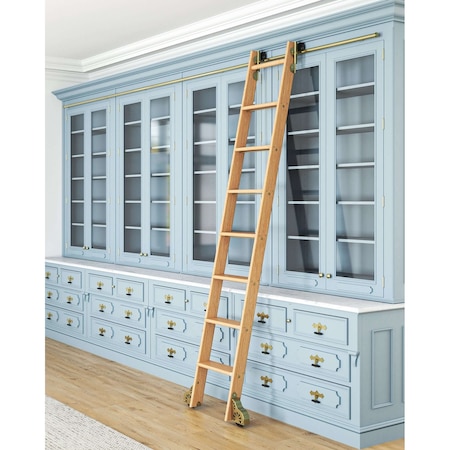 Quiet Glide 8.06 ft. Red Oak Sunburst Wheel Brushed Satin Brass Rolling Hook Removable Ladder, 12 ft. Rail QG.510-8RO-12-H.06B