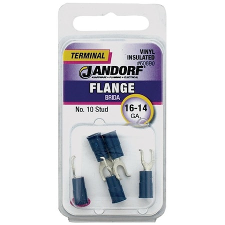 Jandorf Flanged Spade Terminal, 16 to 14 AWG Wire, #10 Stud, Vinyl Insulation, Copper Contact 60890