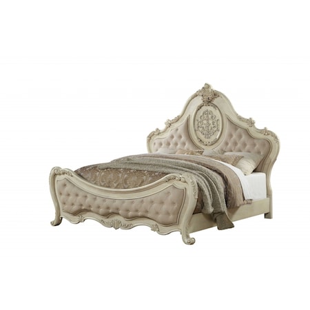 Homeroots Antiqued White King Tufted Upholstered Linen Bed Frame with Nailhead Trim 348210