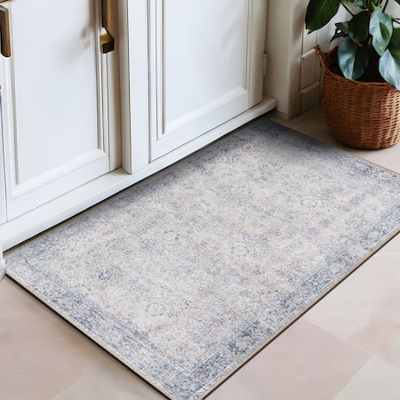 World Rug Gallery Transitional Bordered Vintage Machine Washable Non Slip Area Rug 2 ft x 3 ft Blue 6026BLUE2X3