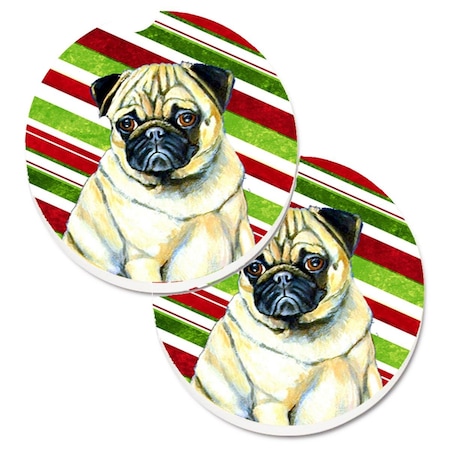 Carolines Treasures Pug Candy Cane Holiday Christmas Set of 2 Cup Holder Car Coaster LH9252CARC