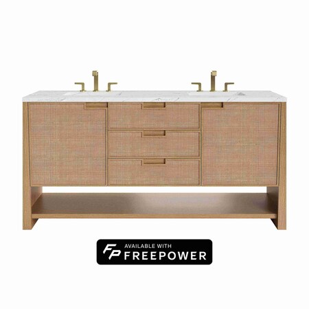 James Martin Vanities Solene 72 in. Double Vanity, Seaside Oak, w/ 3 CM Ethereal Noctis Silestone Top D225-V72-SSO-FENC