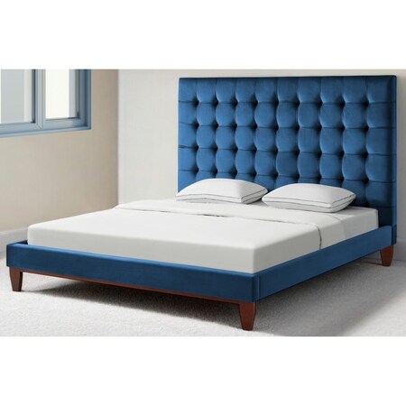 Homeroots Navy Blue Solid Wood King Tufted Upholstered Velvet Bed 544756