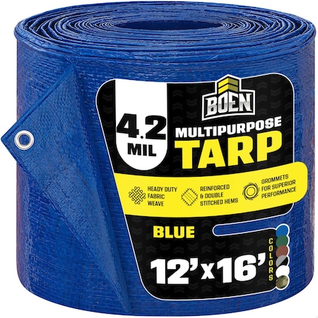 Boen All Purpose Tarp, 12 ft x 16 ft, 5 Mil, Blue, Polyethylene BT-1216