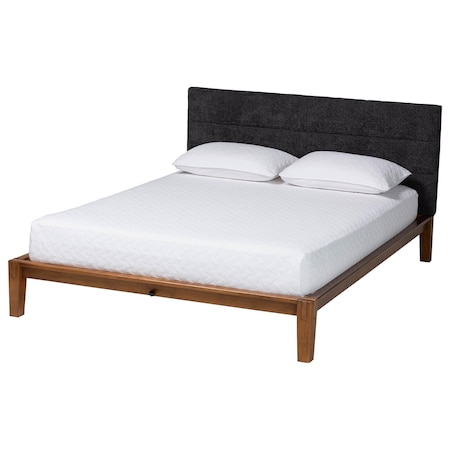 Baxton Studio Mariette Japandi Dark Grey Teddy Fabric and Walnut Brown Wood Queen Bed 257-14142-ZORO