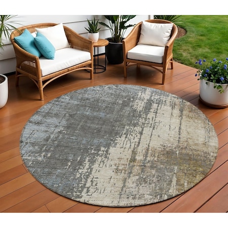 Homeroots 8' Beige Brown And Gray Round Abstract Washable Indoor Outdoor Area Rug 587316