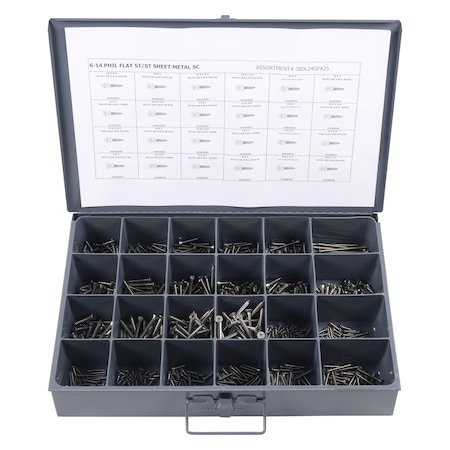 Zoro Select Tapping Screw Assortment, #6 to #14 x Plain Finish, Stainless Steel, Flat Head Phillips Drive JBDL24GFA25