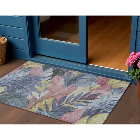 Homeroots 3' X 5' Denim Blue And Blush Floral Washable Indoor Outdoor Area Rug 611102