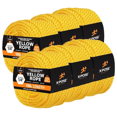 Xpose Safety Yellow Polypropylene Rope, 1/4 in x 100 ft, Floating, Oil & Moisture Resistant, 6PK YPR14-100-6-X-S