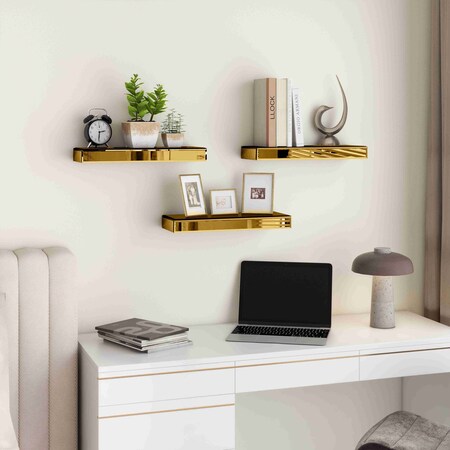 Homeroots Set Of Three Gold Glass Wall Mounted Floating Shelf 643668